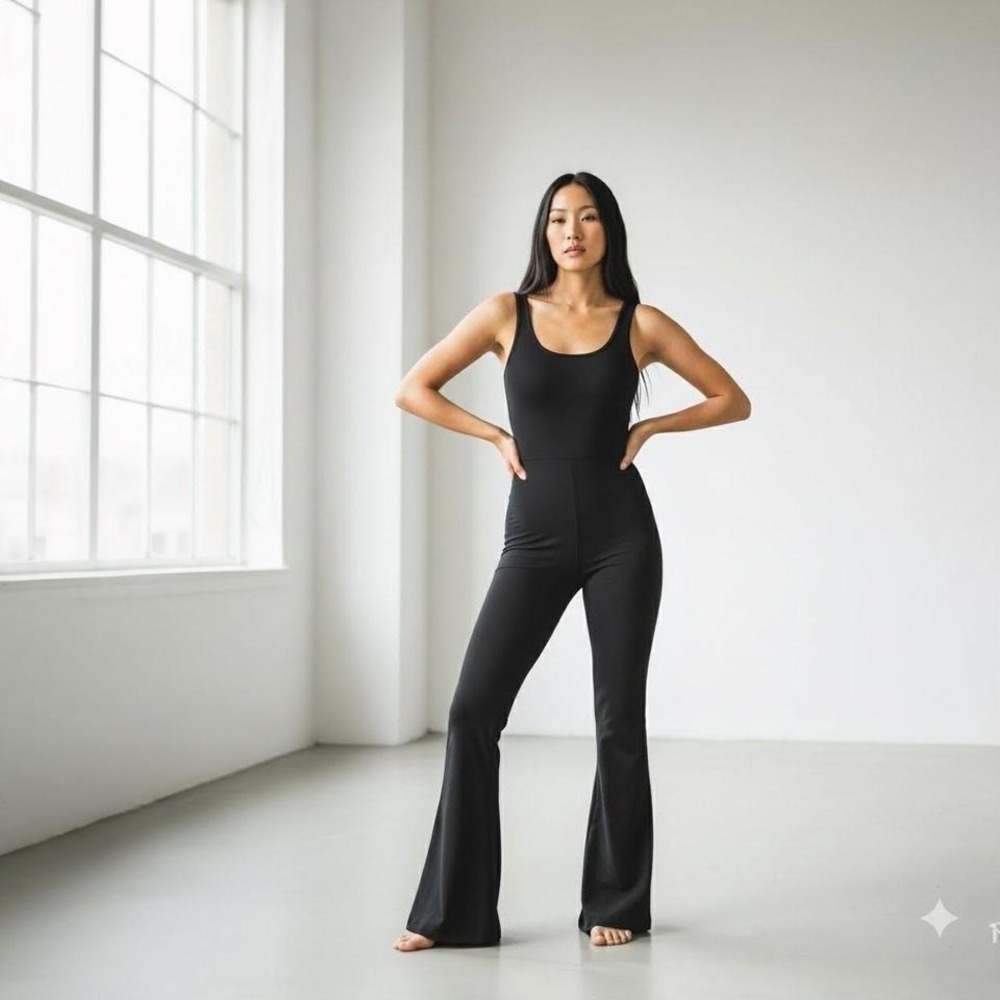 Mooslover Black Scoop Neck Flare Leg Ruched Back Jumpsuit Athletic Athleisure